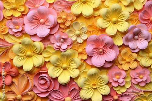 3D yellow and pink flowers layered forms, paper quilting pattern, vibrant colors. AI generative