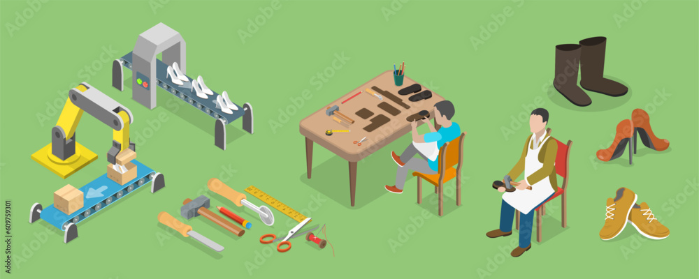 3D Isometric Flat Vector Conceptual Illustration of Leather Shoes Production, Shoe Making Process