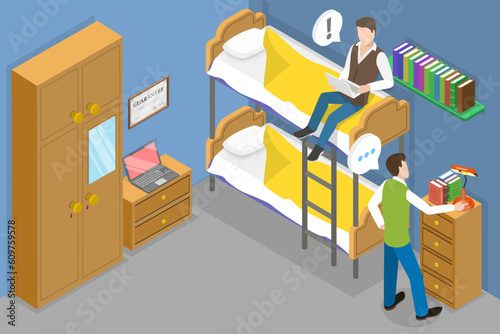 3D Isometric Flat Vector Conceptual Illustration of College Dormitory, Student Hostel