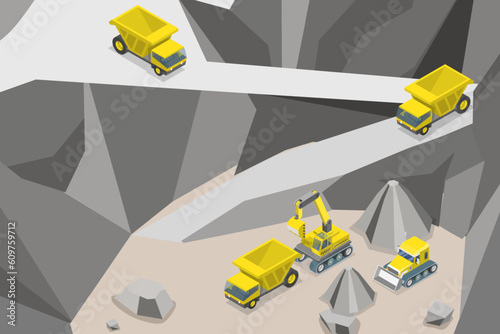 3D Isometric Flat Vector Conceptual Illustration of Industrial Machinery, Quarry Landscape