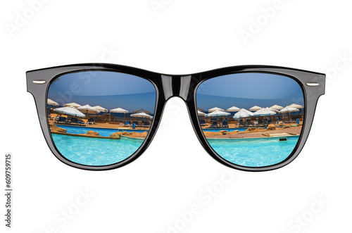 Black sunglasses with pool resort reflection isolated. Transparent PNG image.
