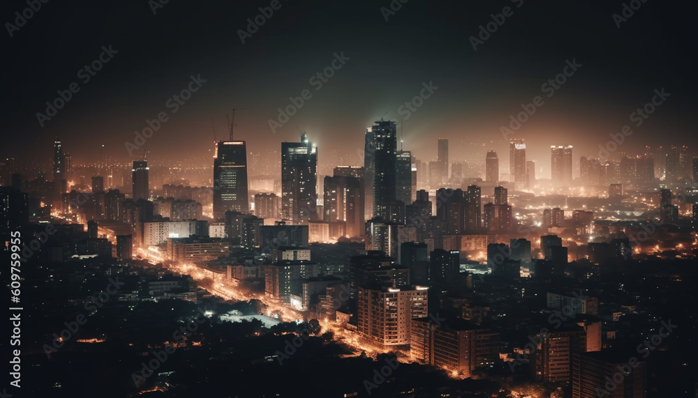 Fototapeta premium Glowing cityscape at dusk skyscrapers, urban skyline, illuminated architecture generated by AI
