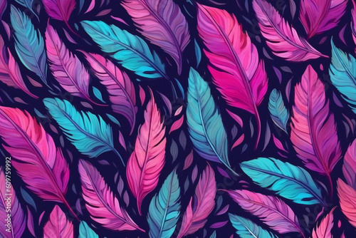 A hot pink, purple and teal repeating pattern of feathers, watercolor elements, black background. AI generative