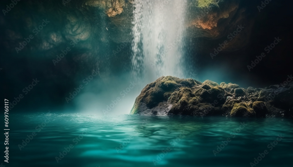 Obraz premium Tranquil seascape Majestic cliff, flowing water, and sunset reflections generated by AI