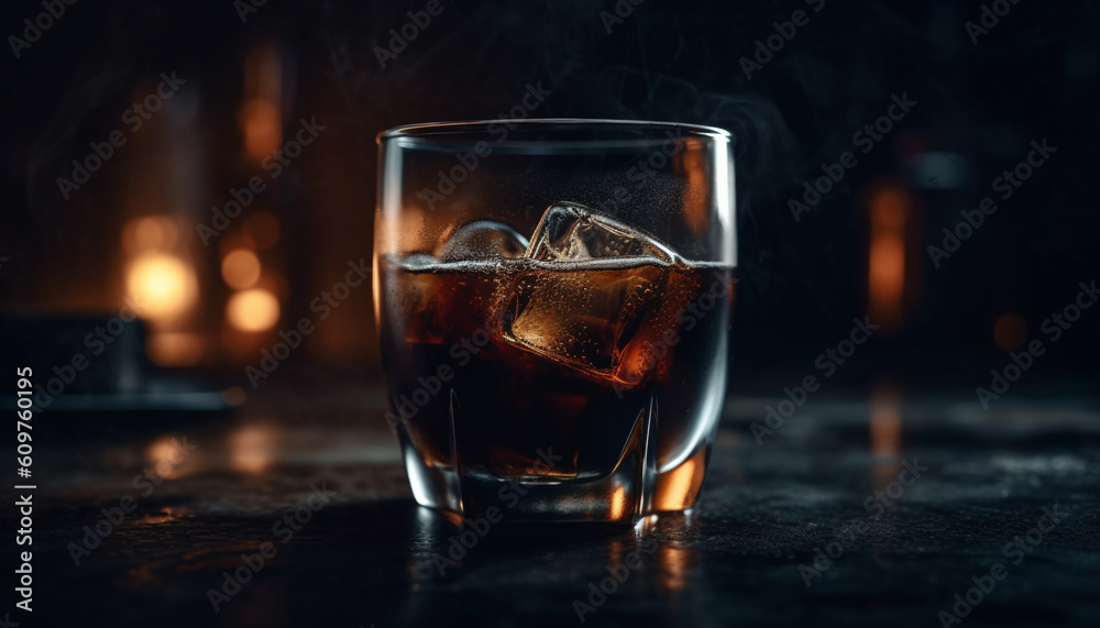 Whiskey glass on wood table, ice drop, dark background generated by AI Whiskey glass on wood table, ice drop, dark background generated by AI