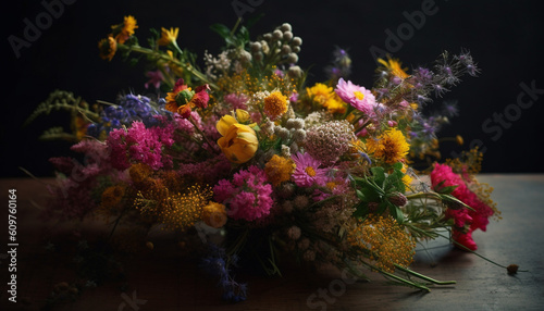 Fresh bouquet of multi colored flowers in a purple vase generated by AI