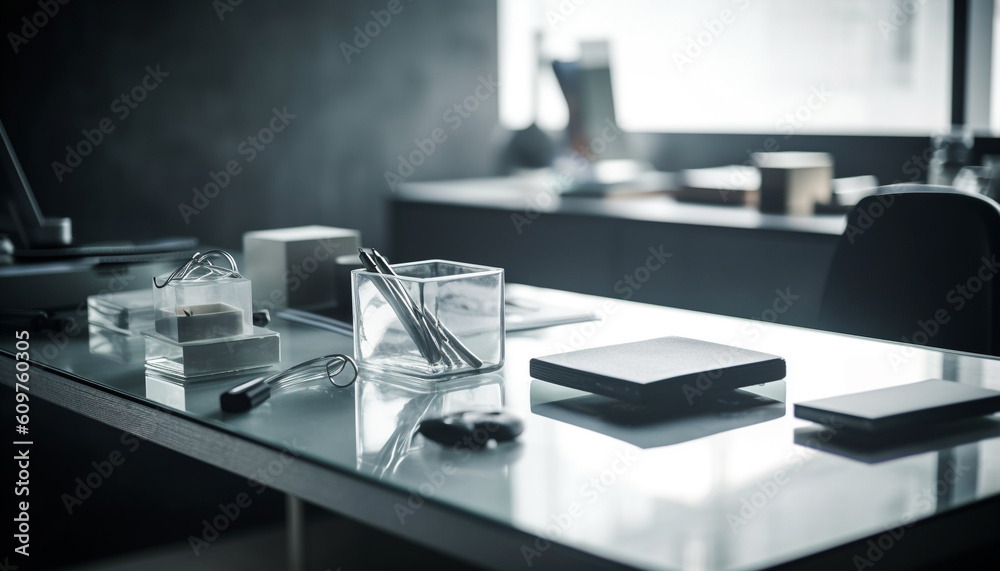Modern office desk with computer equipment and empty chair indoors generated by AI