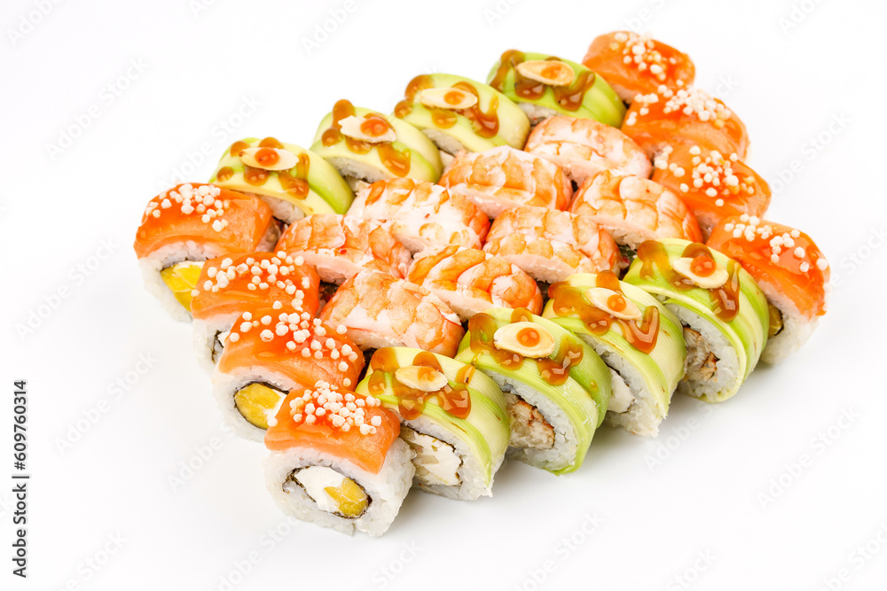set of rolls with salmon shrimp avocado on white background for online food delivery website 10 set of rolls with salmon shrimp avocado on white background for online food delivery website 10