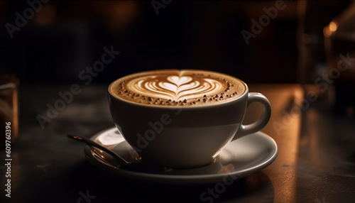 Frothy coffee cup on wood table  heart shaped foam art generated by AI
