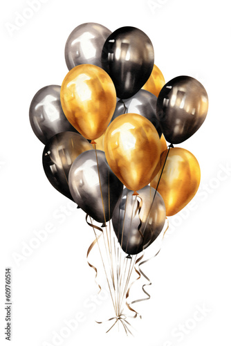 bunch of black, golden and silver colored ballons in watercolor design on transparent background