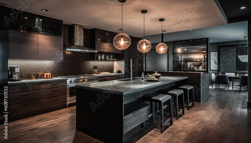 Modern luxury kitchen design with elegant wood material and lighting generated by AI