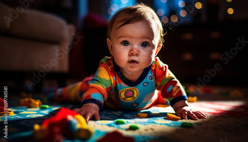 Cute baby playing with colorful toys brings joy and happiness generated by AI