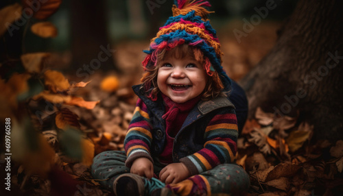 Smiling child enjoys autumn outdoors, surrounded by nature beauty generated by AI