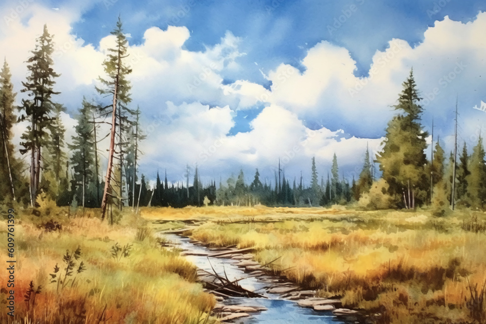A watercolor landscape painting, blue sky, clouds, light and airy, wilderness. AI generative A watercolor landscape painting, blue sky, clouds, light and airy, wilderness. AI generative