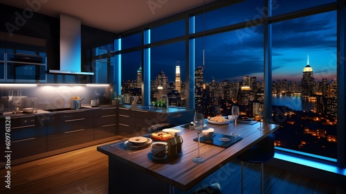 Luxury penthouse kitchen at nighttime. generative AI illustration.
