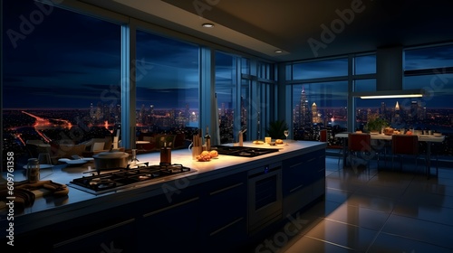 Luxury penthouse kitchen at nighttime. generative AI illustration.