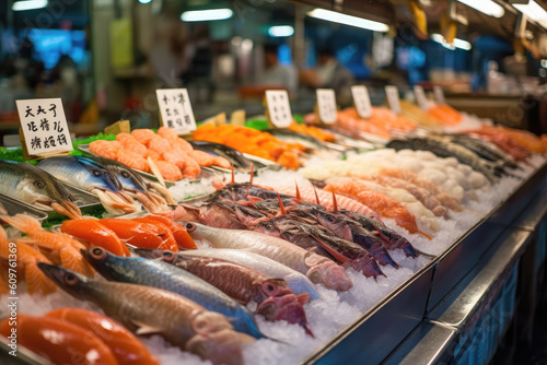 The exotic fish market in Tokyo, Japan, with its bustling auction halls and displays of fresh seafood photo
