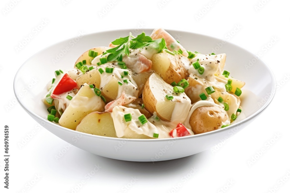 Delicious Bowl of Potato Salad Isolated on a White Background. Generative AI