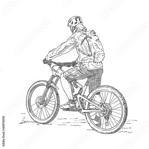 Man riding a mountain bike, black and white vector hand drawn sketch