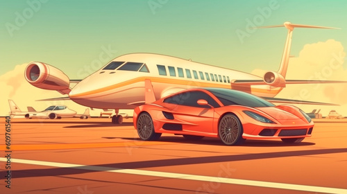 Super car and private jet on landing strip. Business class service at the airport. Business class transfer. Airport shuttle. Generative AI