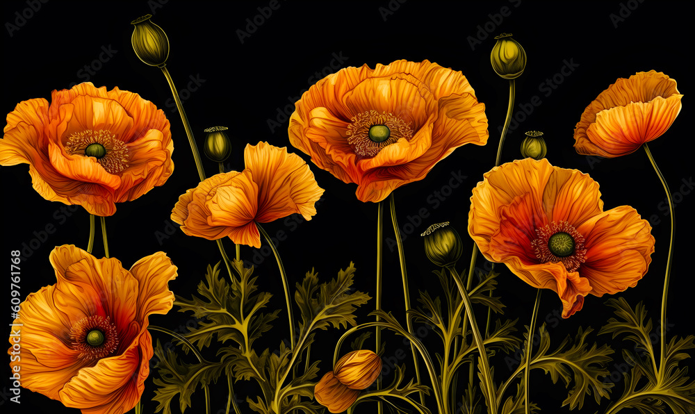 Obraz premium Realistic golden poppies flowers illustration wallpaper created with Generative AI technology