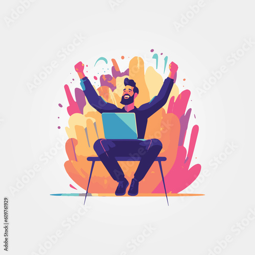 vector illustration, man celebrating with notebook on lap
