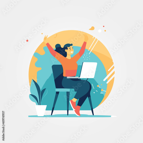 woman celebrating with notebook on her lap