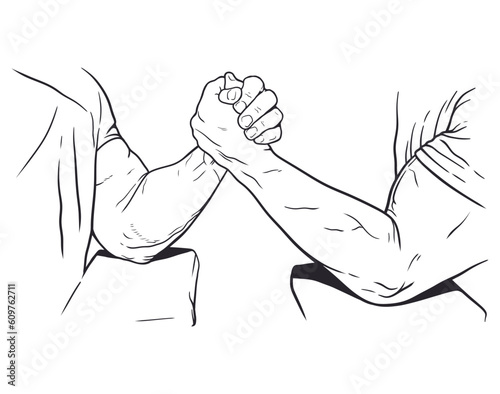 2 men fighting arm wrestling. Hand drawn vector line art illustration