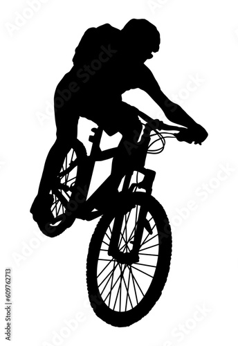 Man riding a mountain bike, black and white silhouette