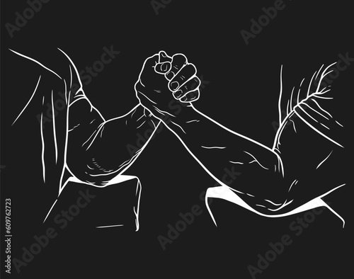 2 men fighting arm wrestling. Hand drawn vector line art illustration