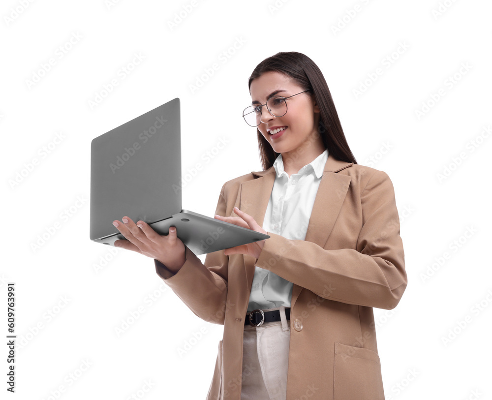 Beautiful businesswoman using laptop on white background, low angle view Beautiful businesswoman using laptop on white background, low angle view