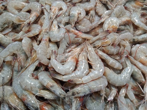 Close up view of fresh shrimp on ice
