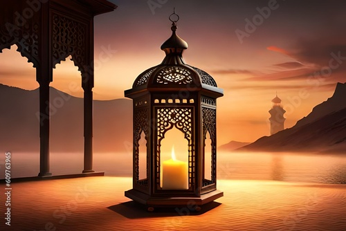 Ornamental Arabic lantern with burning candle glowing . Festive greeting card, invitation for Muslim holy month Ramadan Kareem. Ramadan Kareem greeting photo with serene mosque Generative AI