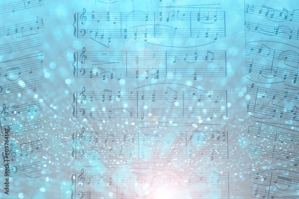 Sheets with music notes as background, top view. Bokeh and color tone effects Sheets with music notes as background, top view. Bokeh and color tone effects