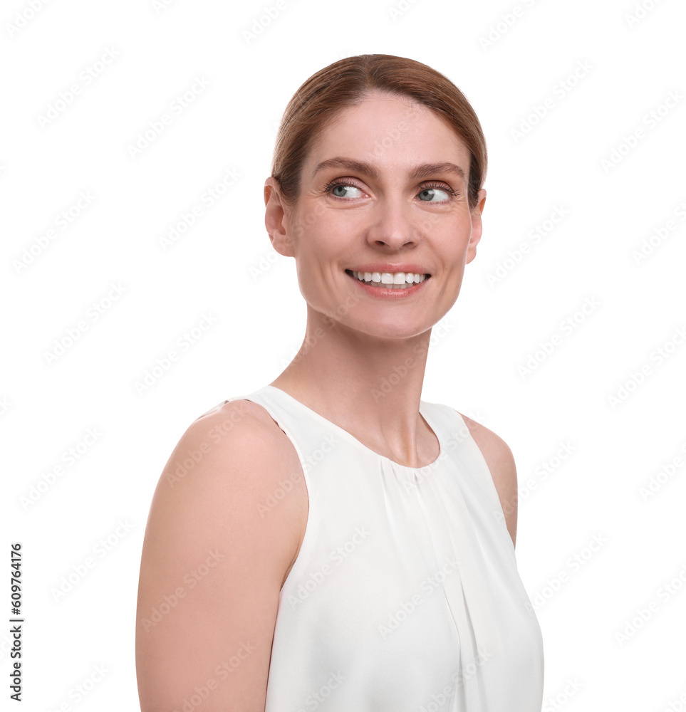 Portrait of beautiful happy businesswoman on white background