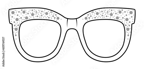 Bejewelled Retro frame glasses fashion accessory illustration. Sunglass front view for Men, women, unisex silhouette style, flat rim spectacles eyeglasses with lens sketch outline on white background