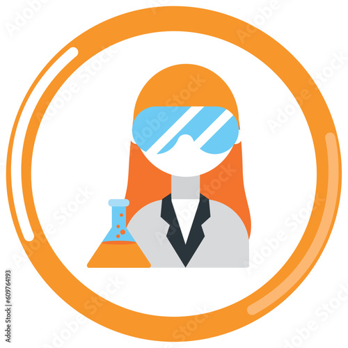 vector icon of a scientist holding a chemical substance in a laboratory with orange border and white background