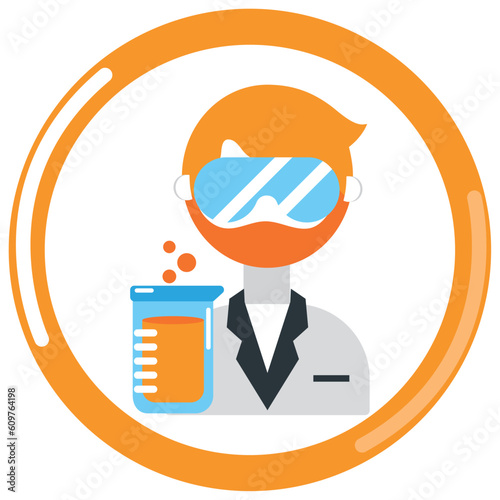 vector icon of a scientist holding a chemical substance in a laboratory with orange border and white background