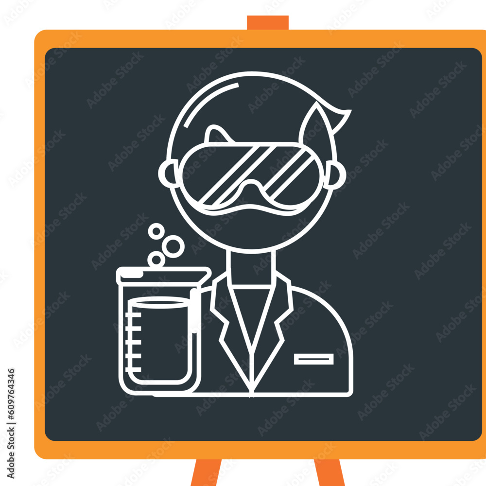 vector icon of a scientist holding a chemical substance in a laboratory in white lines with dark border