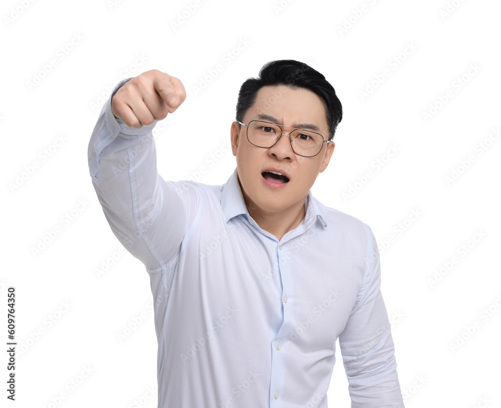 Angry businessman in formal clothes screaming on white background Angry businessman in formal clothes screaming on white background