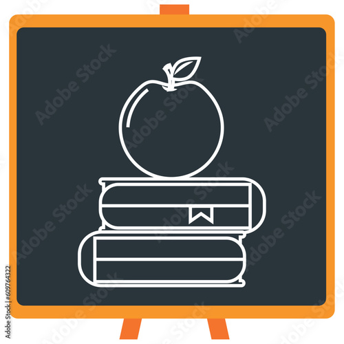 Vector icon of an apple on chemistry laboratory books in white lines with dark border