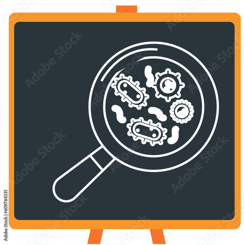 Magnifying glass vector icon looking at chemistry laboratory bacteria in white lines with dark border