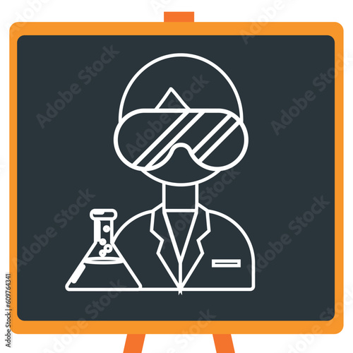 vector icon of a scientist holding a chemical substance in a laboratory in white lines with dark border