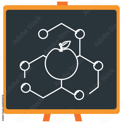 Vector icon of an apple with chemistry laboratory atom lines in white lines with dark border