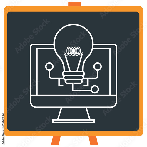 Vector icon of a light bulb coming out of a chemistry laboratory monitor in white lines with dark border