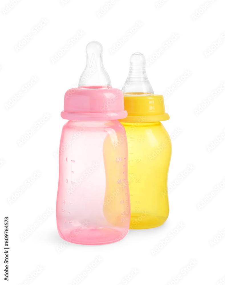 Two empty feeding bottles for infant formula on white background Two empty feeding bottles for infant formula on white background