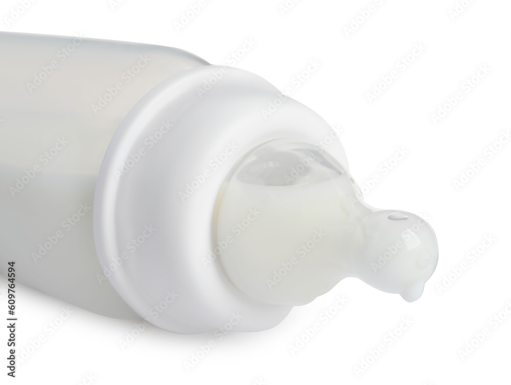 One feeding bottle with infant formula on white background, closeup One feeding bottle with infant formula on white background, closeup