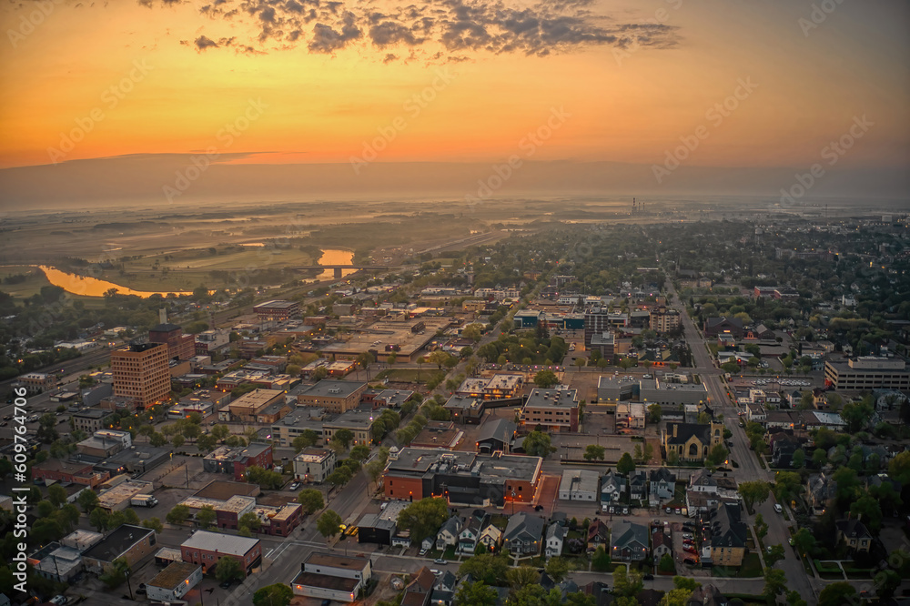 Aerial View of Downtown Brandon, Manitoba at Sunrise