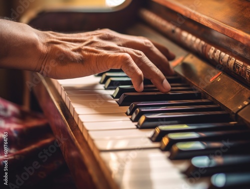 Tela A person's hand on a piano keyboard. Generative AI image.