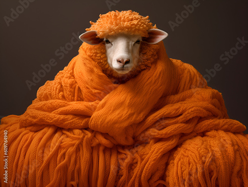 Sheep covered with orange knitwear made from its own wool, AI generated concept